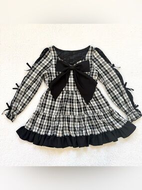 Jirai Kei Ryosan Lolita Bow Lace Tops Japan Idol Black Dress Plaid Long Sleeves